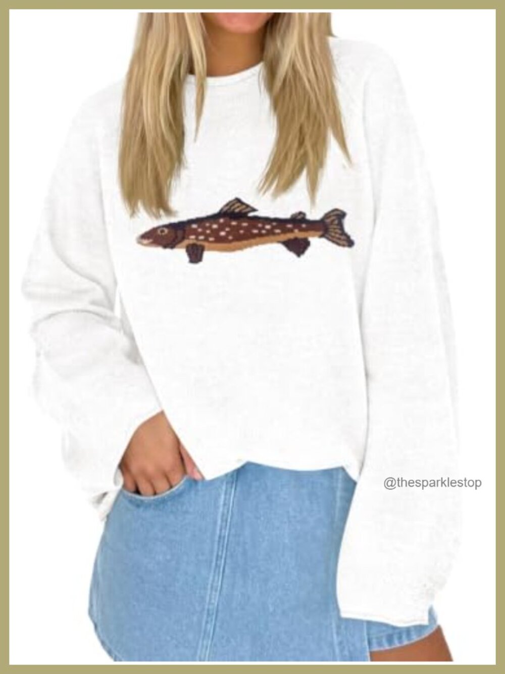 Oversized Fish Graphic Sweater Lightweight Knit Pullover Roll Neck